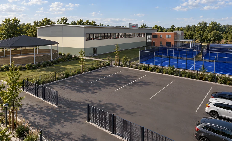 Padelové centrum Hradec Králové – Pohled na halu a kurty přes parkoviště